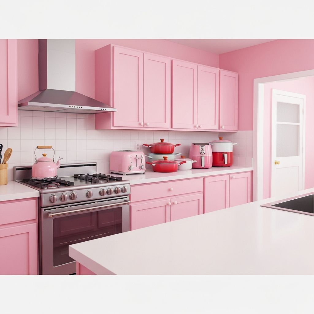 Full aesthetic kitchen with all Paris Hilton pink appliances and cute kitchen gadgets
