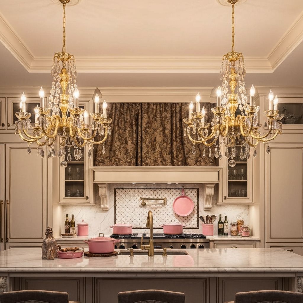 Maximalist glam kitchen with gold utensils and Paris Hilton cookware
