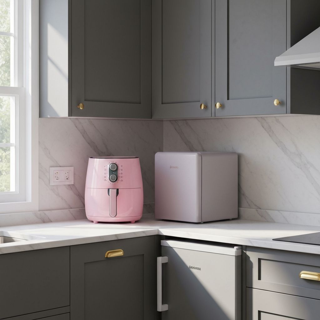 Paris Hilton air fryer and mini fridge on white marble countertop with gold fixtures