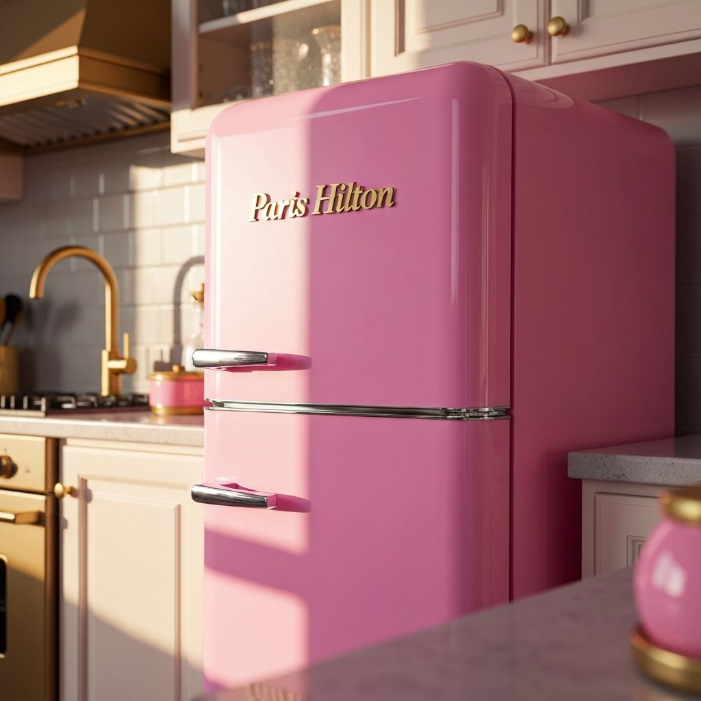 Paris Hilton pink mini fridge with gold accents in aesthetic kitchen setup