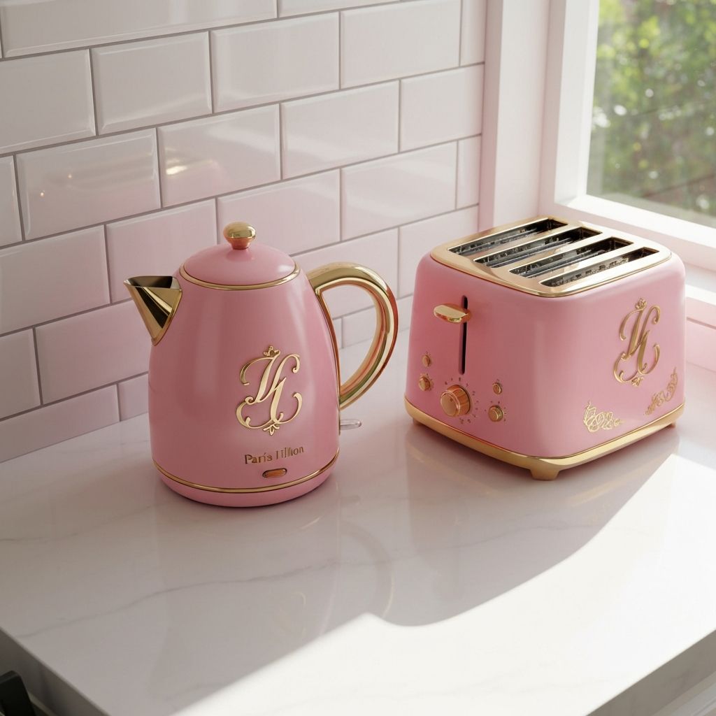 Paris Hilton pink tea kettle and toaster set with gold accents